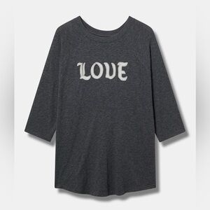 Torrid 1X Love Classic Raglan Tee Gray 3/4 sleeve